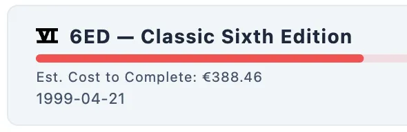 Set tile showing "Est. Cost to Complete: €124.50" line beneath progress bar
