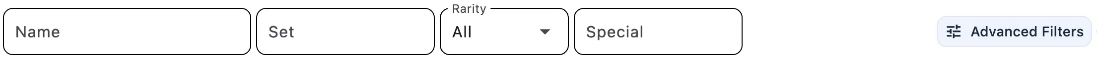 Full toolbar showing Name search, Set search, Rarity dropdown, and Special field