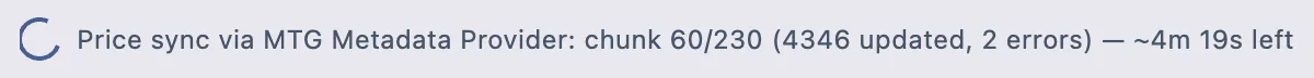 Footer bar showing live sync status with rate-limit message, chunk count, and ETA
