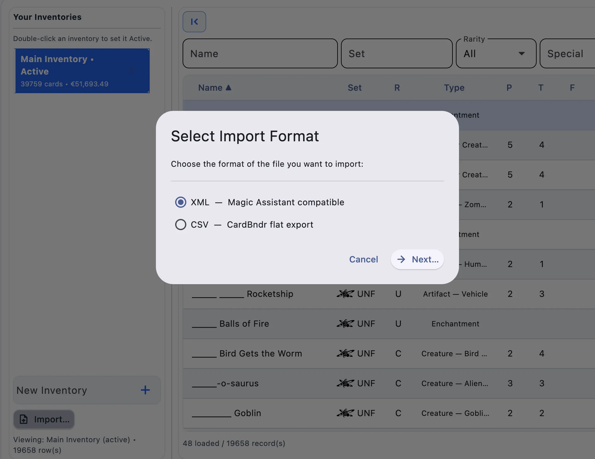 Bulk import format picker dialog showing XML and CSV options