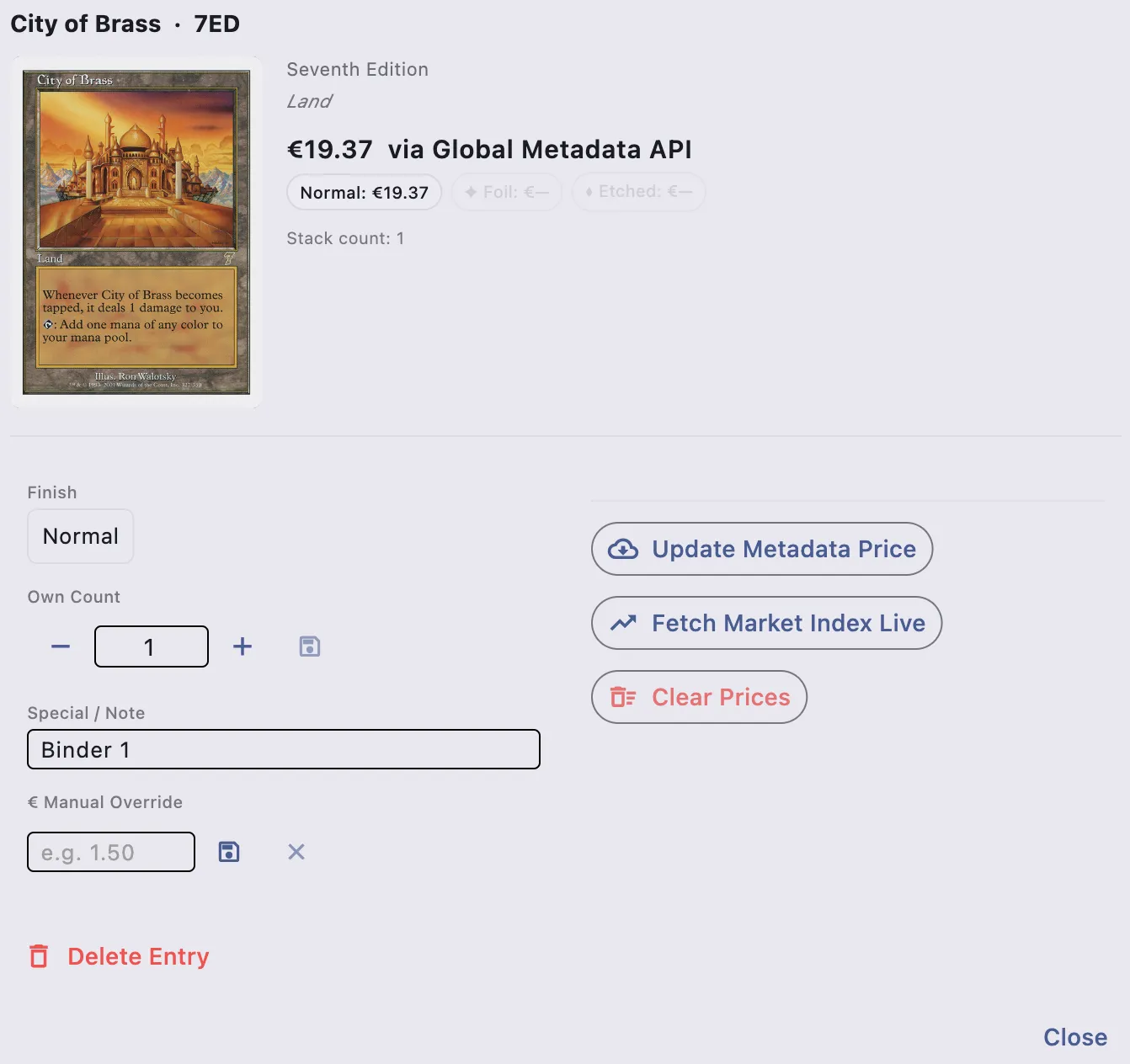 Card Management dialog in edit mode showing quantity controls, notes, and manual price fields