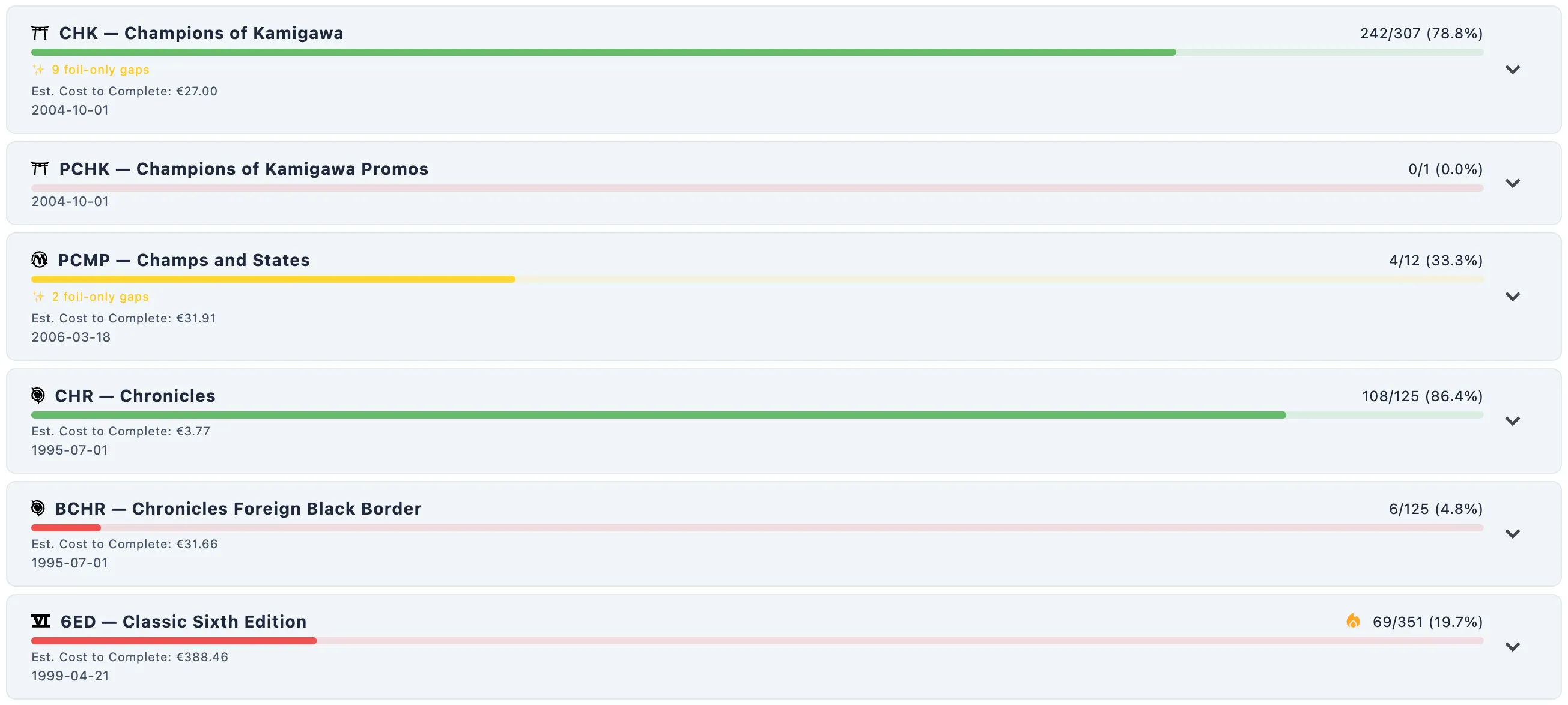 Collection tab overview showing multiple set tiles with heat-map progress bars in various colours